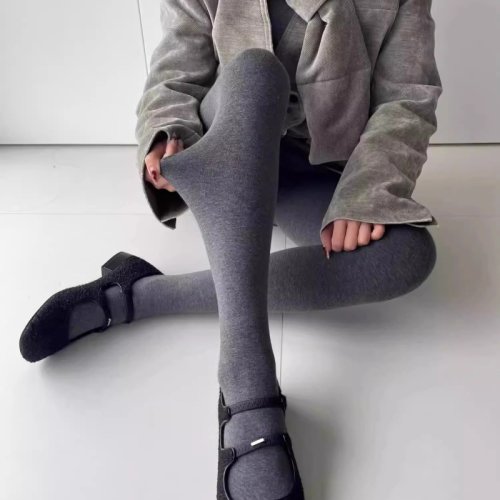 Image of Autumn Gray High-Waisted Shaping Tights for Women – Elastic Body-Conscious Leggings with Harajuku Streetwear Style
