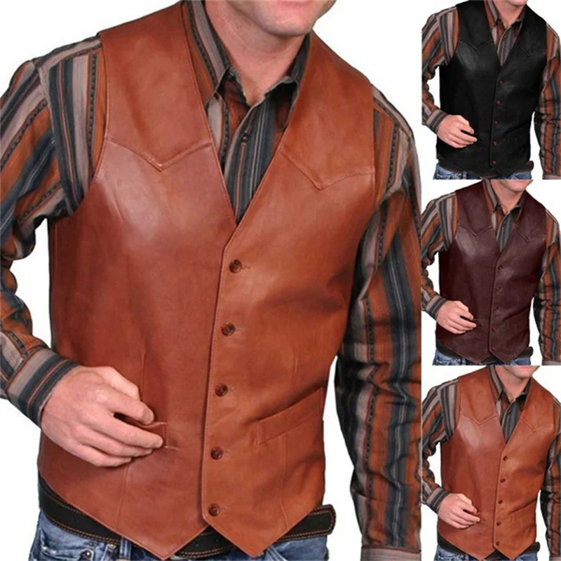 Image of Leather Vest for Men Motorcycle Colete Luxo 5XL Steampunk Waistcoat  Western Cowboy Party Dress MensVintage Gilet Costume Homme