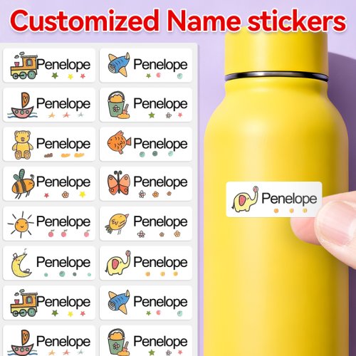 Zdjęcie Personalizowane naklejki z imieniem na naczynia i artykuły papiernicze dla dzieci - wodoodporne, spersonalizowane etykiety z ekologicznym klejem
