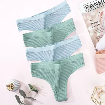 Image de Culottes Femme - Lot de 4 Tongs Rayées en Coton Doux