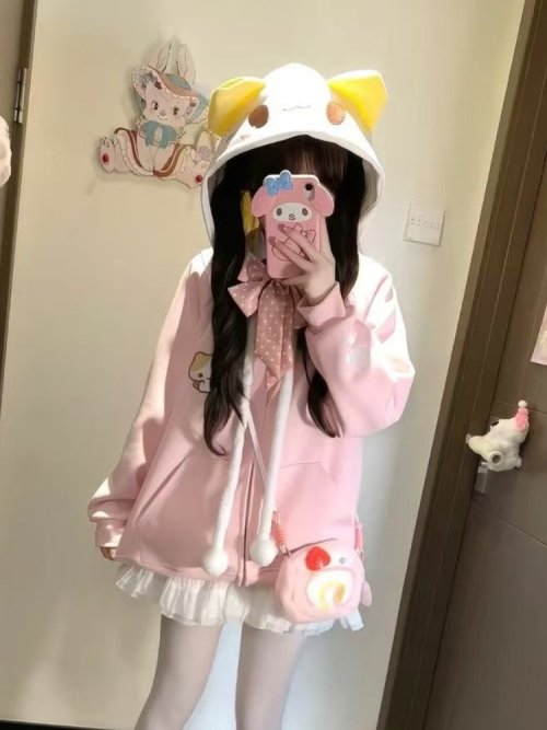 Immagine di Felpa con Cappuccio Rosa Kawaii Donna Autunno-Inverno: Design Giapponese Dolce e Allentato con Ricamo, Calda e Stile Soprabito