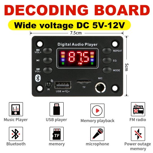 Imagen de DC 12V Bluetooth 5,0 MP3 WMA WAV APE placa decodificadora manos libres Audio para coche micrófono USB TF FM Radio Mp3 reproductor de música altavoz
