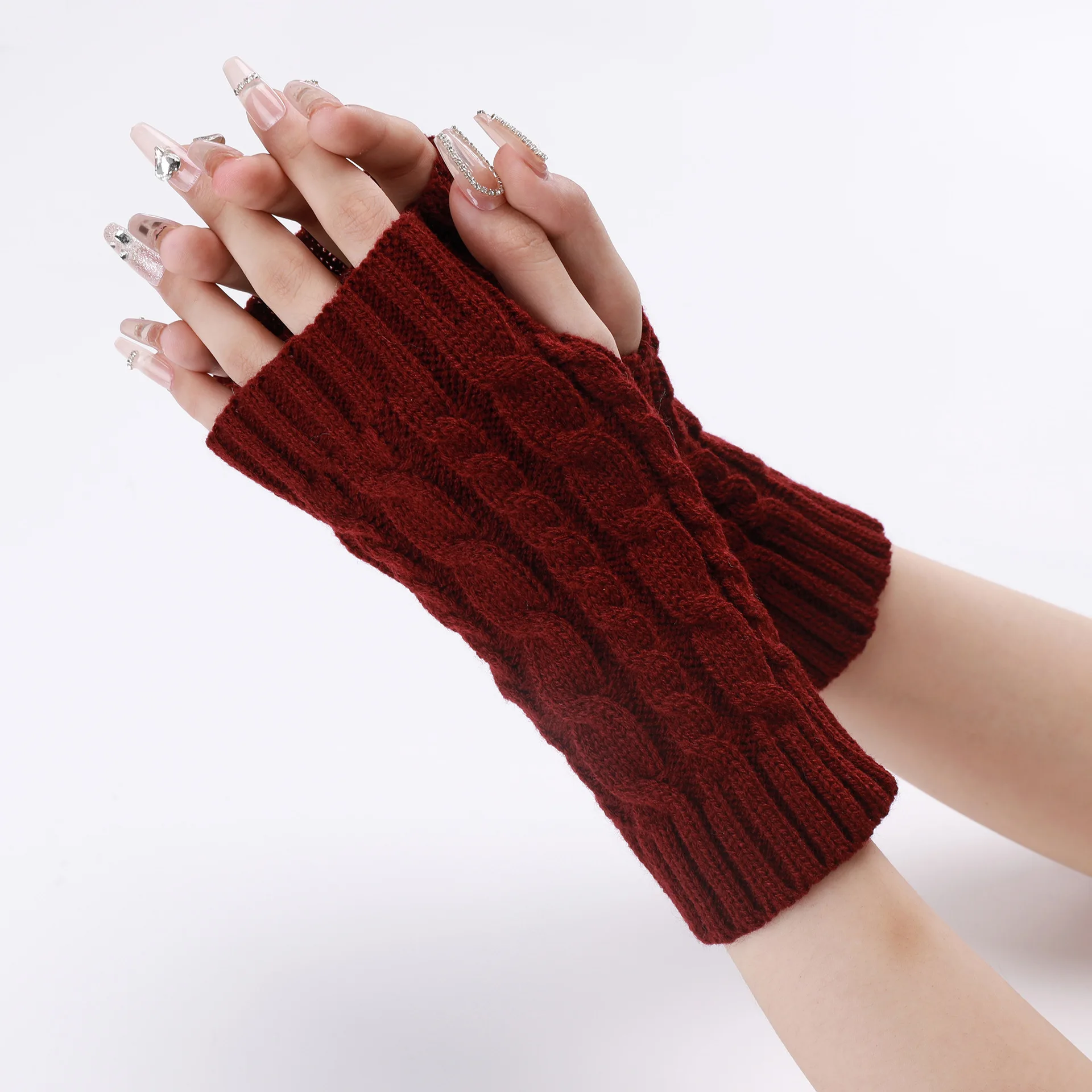 Image of Cozy Burgundy Half-Finger Knitted Winter Gloves for Women and Men – Soft, Warm, Fingerless Mittens Perfect for Christmas and New Year