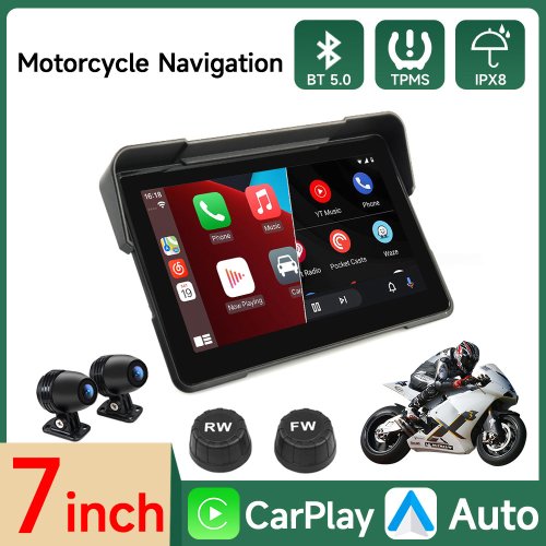 Afbeelding van 7-inch Motorfiets Multimedia Speler met GPS Navigatie, Draadloze CarPlay & Android Auto, Waterdichte Touchscreen, Bluetooth en DVR-Recorder – IP67 Waterdicht, 2024 Model