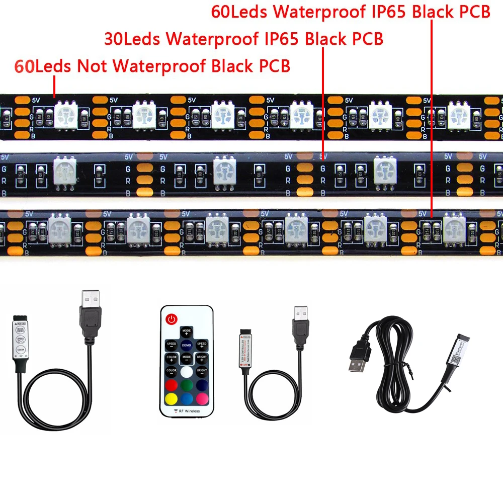 Afbeelding van Waterdichte USB RGB LED Strip - 5V, Zwart PCB, 5050 SMD