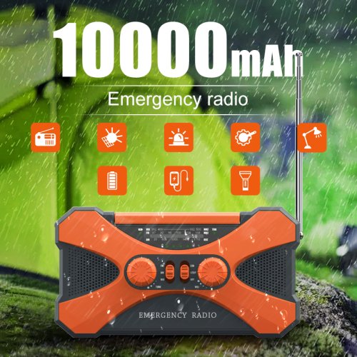 Imagen de Radio de emergencia de 10000 mAh, radio de manivela solar, radio meteorológica portátil AM/FM/NOAA con cargador de teléfono celular, linterna LED