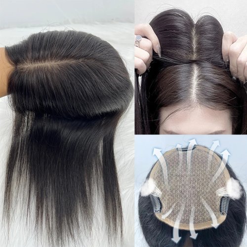 Immagine di 16x18CM Topper per capelli umani vergini europei Tied a mano Top in seta Parrucchino Base in seta Pezzo di capelli traspirante con clip per le donne