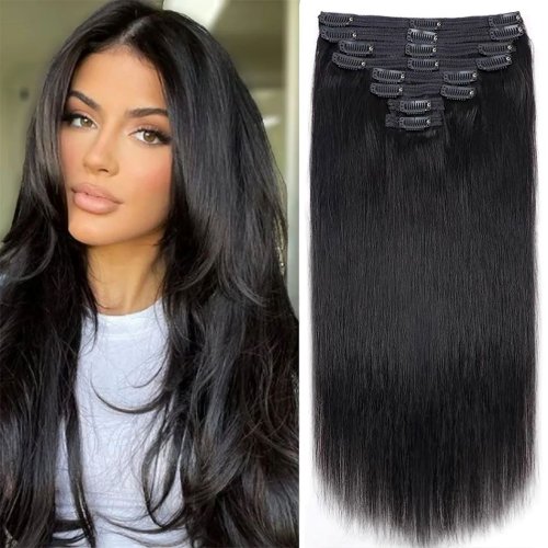 Immagine di Estensioni Capelli Lisci con Clip - 18 Pezzi 120g Nero Naturale