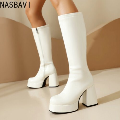 Image of Elegant Women's Knee-High Boots with Glossy Patent Leather Upper, Square Toe, Super Thick Heel, Plush Lining, Platform Design, and Side Zipper Closure – Sizes 35 to 48