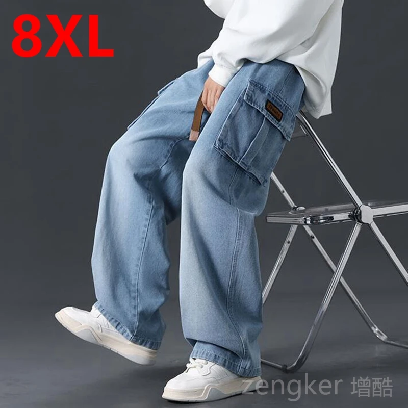 Imagen de Pantalones Vaqueros Vintage para Hombre Talla Grande, Pantalón de Trabajo Holgado con Cordón, Cintura Elástica y Bolsillos Grandes, Estilo Recto para Otoño