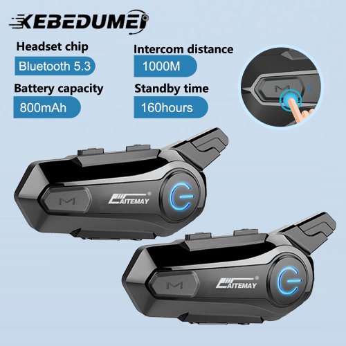 Immagine di Interfono Bluetooth per Casco Moto con Cuffie V5.3 – Comunicazione a Doppio Canale, Condivisione Musica, Raggio Fino a 1000 Metri e Riduzione del Rumore