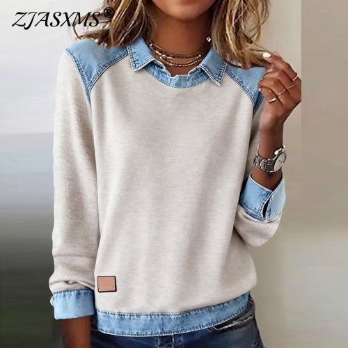 Image of Harajuku-Style Contrast Denim Women's Sweatshirt with Elegant Shirt Collar and Patchwork Design – Autumn Long Sleeve Hoodie Top