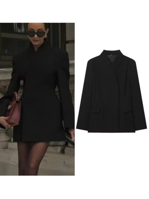 Zdjęcie Jesienna damska prosta marynarka z dekoltem w serek, długi rękaw, damskie codzienne płaszcze z kieszeniami, eleganckie damskie topy