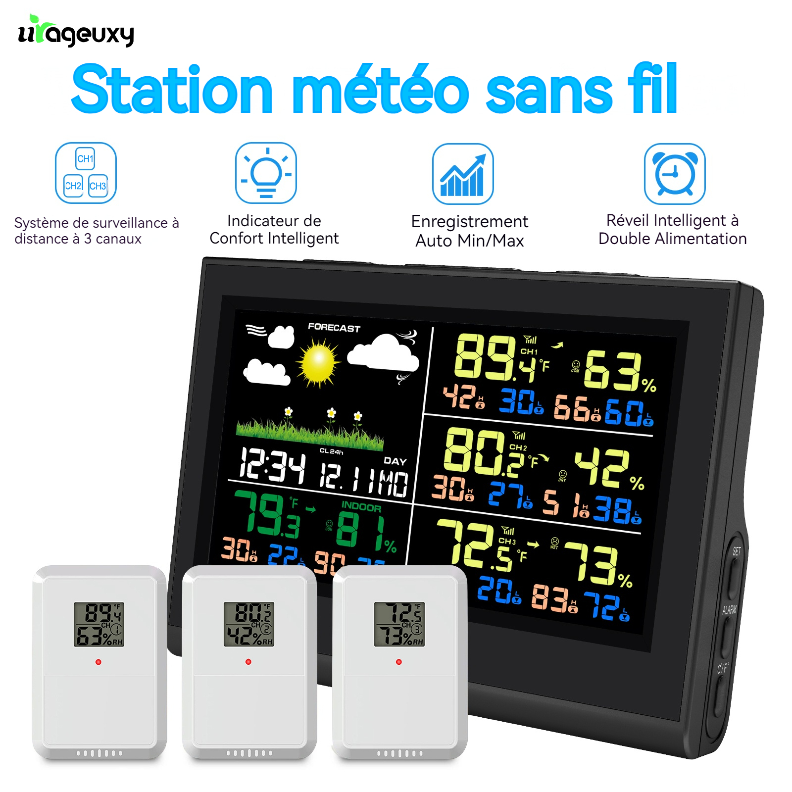 Imagen de Estación meteorológica inalámbrica inteligente con 3 sensores, pantalla grande a Color, termómetro D...