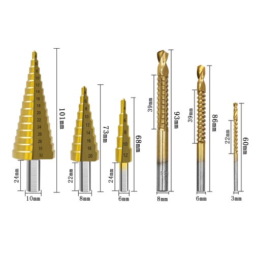 Immagine di Set di 6 Pezzi Trapano per Sega con Manico Triangolare e Scanalatura Diritta, Dimensioni 4, 12, 20, 32 mm, Adatto per Scale 3, 6, 8 – Kit Completo per Lavori di Punzonatura e Taglio Professionale
