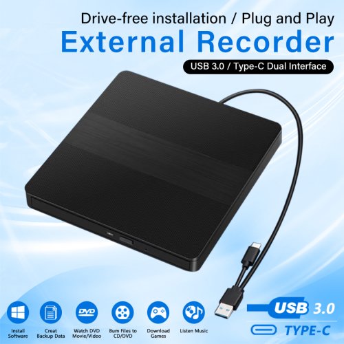 Bild von Externes 2-in-1 USB 3.0 & Type-C DVD RW CD Writer Laufwerk – Hochgeschwindigkeits-Optisches Laufwerk für Laptop, Desktop und PC mit Lesen, Schreiben und Brennen