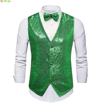 Image de Gilet Homme Paillettes Brillantes - Rouge, Vert, Argent