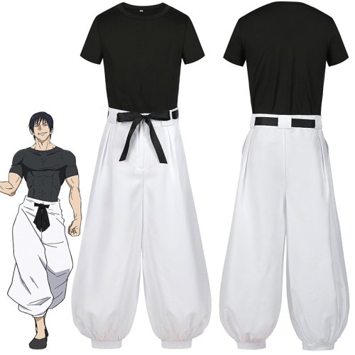 Image of Jujutsu Kaisen Cosplay Costume Set - Fushiguro, Toji, Satoru Gojo Outfit with Wig, T-Shirt, Pants, Rose Net Accessory for Halloween, Christmas & Anime Events