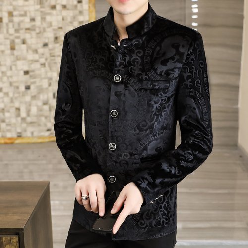 Zdjęcie Luksusowa aksamitna marynarka męska ze stójką – styl chiński, slim fit, na jesień i zimę, elegancka kurtka biznesowa