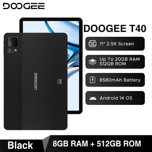 Imagen de Tablet Doogee T40 de 11 Pulgadas con Pantalla IPS 2.5K, 8GB RAM y 512GB Almacenamiento, Android 14, Procesador Helio G99, Batería de 8580mAh y Carga Rápida de 18W con Altavoces Cuádruples de Alta Resolución