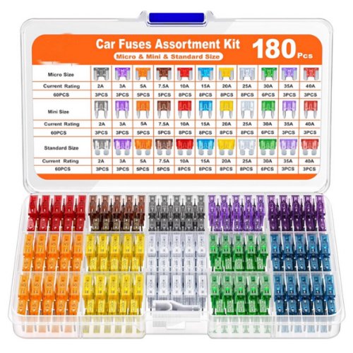 Image of Complete 180-Piece Automotive Fuse Assortment Kit with Mini Blade, Standard, Micro Fuses and Puller Tool for All Vehicle Types