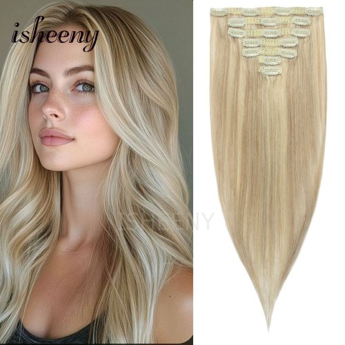 Zdjęcie Naturalne przedłużenia włosów blond brazylijskie remy na klipsach – 7 sztuk, długość 30–50 cm, idealne do szybkiego i bezpiecznego stylizowania