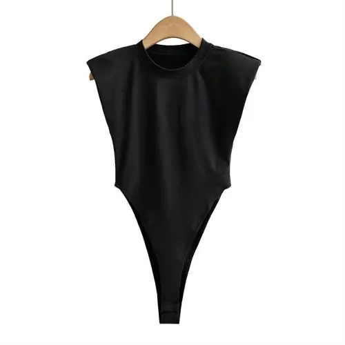 Image de Hauts Sexy femmes été une pièce moulante Body rembourré épaule Body noir sans manches corps costumes pour femmes blanc
