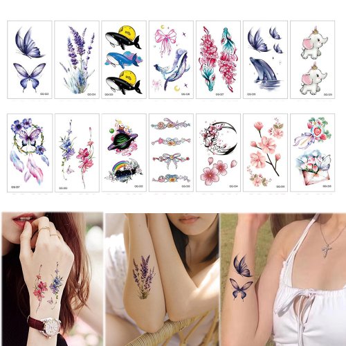 Bild von Natürliche, wasserdichte temporäre Tattoo-Aufkleber mit bunten Motiven – Blatt, Blume, Elefant, Delphin – für Handgelenk, Hals und mehr – perfekt für Frauen