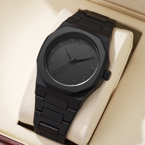 Afbeelding van Moderne Minimalistische Herenhorloge met Creatief Geheel Zwart Design, Arabisch Digitaal Display, Sportief en voor Vrije Tijd – Uniek Quartz Horloge