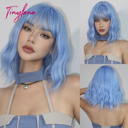 Bild von Natürliche Blaue Bob-Perücke mit Locken und Pony – Kurze, Farbige Synthetische Perücke für Frauen im Lolita- und Cosplay-Stil, Hitzebeständig und Hochwertig