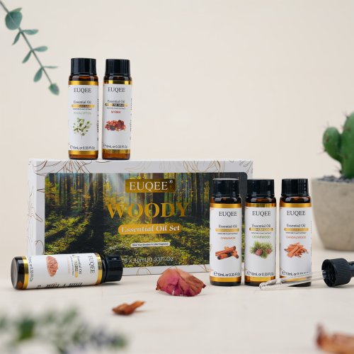 Zdjęcie Zestaw 6 czystych olejków eterycznych Euqee – naturalne składniki do aromaterapii, dyfuzorów, świec i mydła