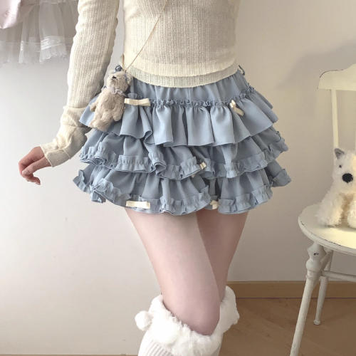 Immagine di Minigonna Y2K con Volant e Fiocco Kawaii Lolita - Gonna a Vita Alta Stile Harajuku Giapponese Rosa e Blu per Donne