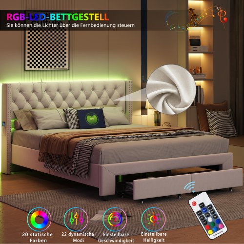 Bild von Komfortables Doppelbett mit Polsterkopfteil und 2 Stauraumschubladen – Massives Bettgestell mit Holzlattenrost für gemütliche Nächte