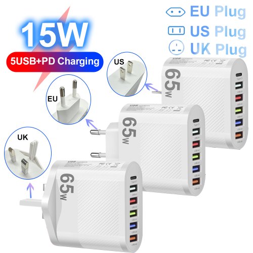 Image of 5-Port USB Wall Charger with PD & QC 3.0 Fast Charging for Xiaomi, iPhone 13, Samsung and Other Smartphones