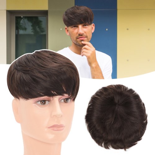 Image of Natural Looking Men's Bald Top Hair Patch with Invisible Clip-On Design – Short Korean-Style Synthetic Hairpiece for Forehead Coverage