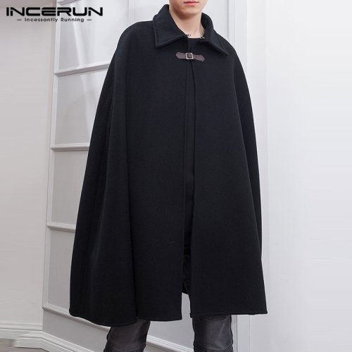 Image of Stylish Men's Solid Color Lapel Cape Coat – One-Button Trench Overcoat for Casual Streetwear Fashion 2023