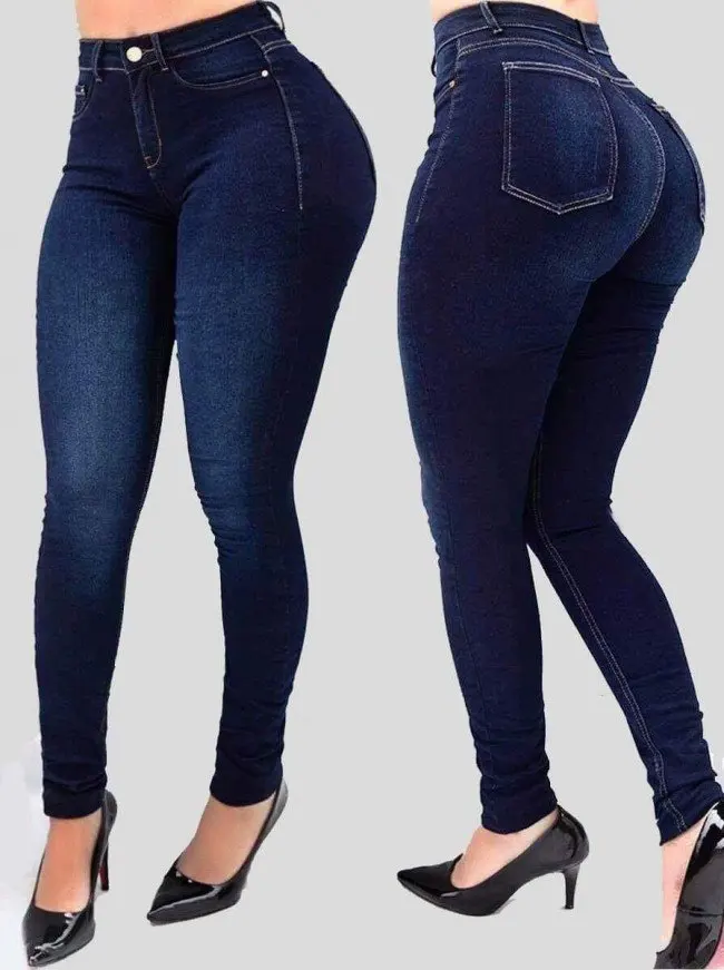 Zdjęcie Damskie jeansy z wysokim stanem w czystym kolorze – modny i wygodny modelujący sylwetkę