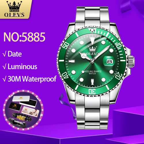 Image of Olevs 5885 Men's Stainless Steel Watch with Green Quartz Movement, Waterproof Design, Calendar Display, and Luminous Dials – Premium Quality Wristwatch