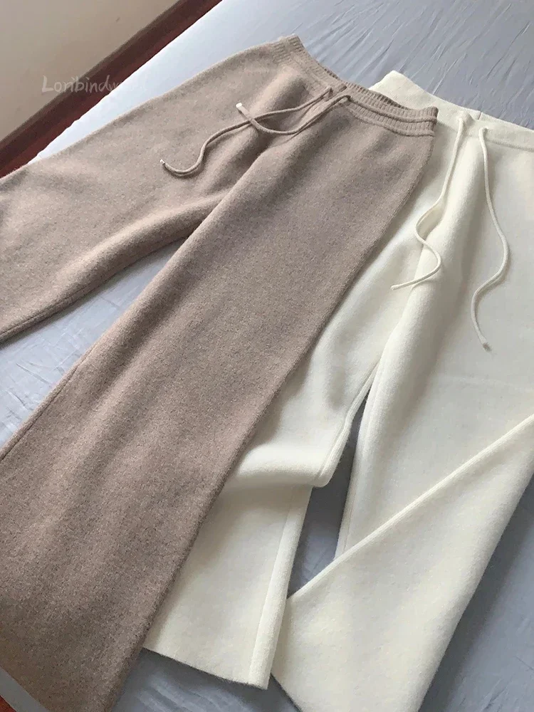Immagine di Autunno e inverno nuovi pantaloni a gamba larga lavorati a maglia di lana larghi a vita alta per le donne da indossare pantaloni da ciclomotore a gamba larga a gamba dritta
