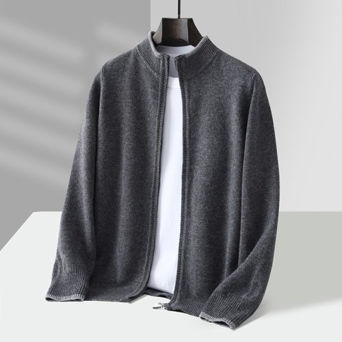 Imagen de Suéter cálido de lana merina de 100% para hombre, cárdigan grueso con cremallera y cuello simulado, Tops de montaje tejidos de Cachemira para otoño e invierno