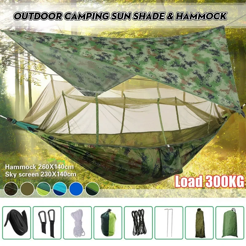 Image of Ultra-Lightweight Portable Camping Hammock with Waterproof Rain Fly, Mosquito Net Canopy, and Tent Awning – Durable 210T Nylon Outdoor Sleep Solution