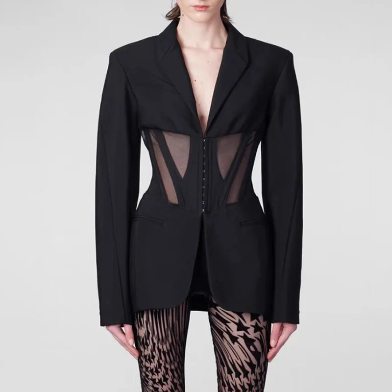 Imagen de Blazer informal de espina de pescado para mujer con manga larga, corte holgado y ajuste delgado, ideal para otoño, diseño transparente en estilo coreano moderno