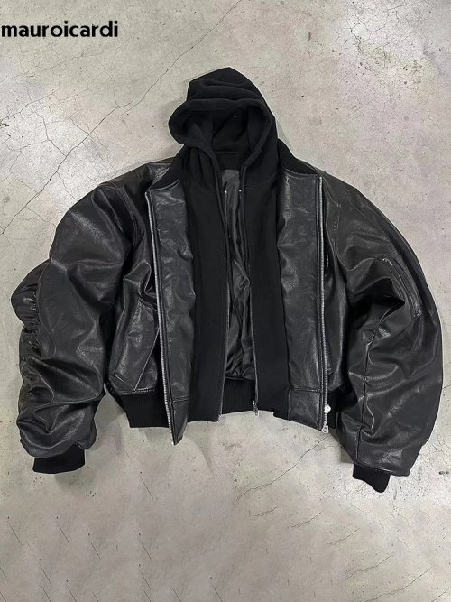 Image of Mauroicardi Autumn Winter Oversized Cool Black Thickened Warm Pu Leather Bomber Jacket Men Hood Luxury Designer Fake 2 Clothes
