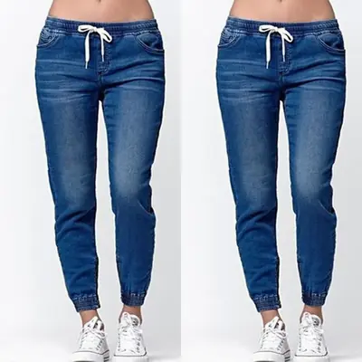 Image de Jeans Femme Lacets Denim Élégant Bleu Noir 2024