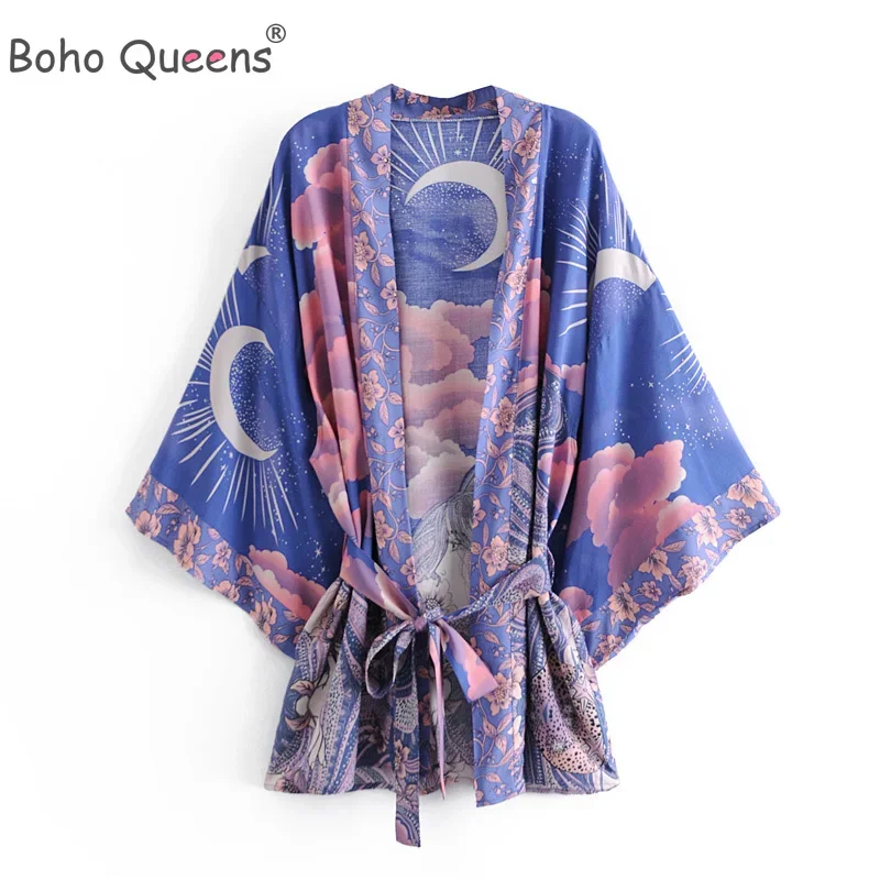 Immagine di Boho Queens Vintage Stella e Luna Stampa floreale Telai Donna Bohemian Scollo a V Maniche a pipistrello Happie Abito corto Kimono