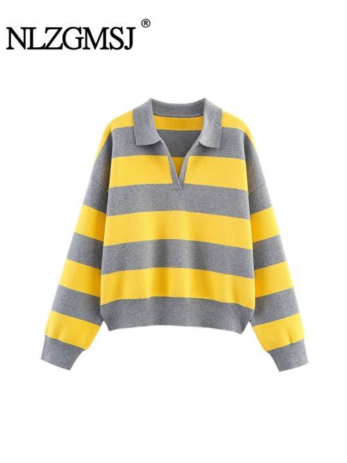 Bild von Herbstliche Damen-Pullover im Vintage-Stil: Gestrickte, Streifenmuster mit High-Street-Chic für Frauen – Voller Ärmel, Modisch & Komfortabel