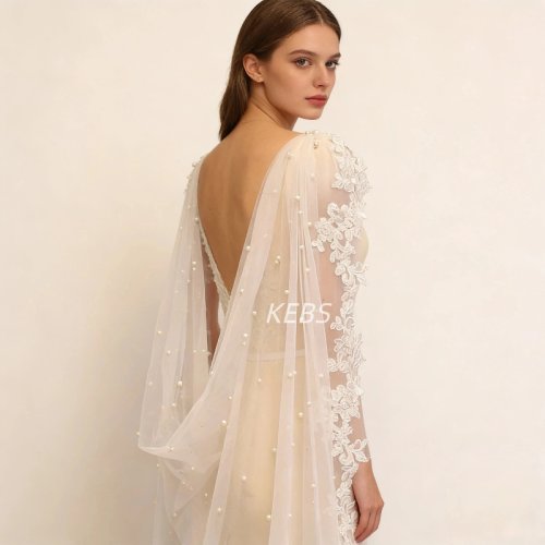 Image of Elegant White Ivory Pearl Lace Wedding Veil 2.5 Meters Long Bridal Shawl for Romantic Wedding Day Accessory