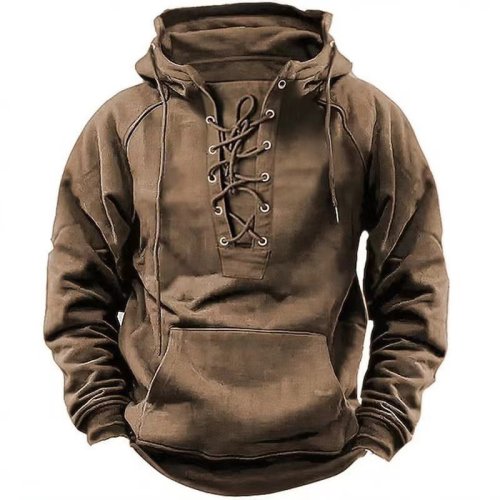 Afbeelding van Herfstmode Heren Sweatshirts met Capuchon, Lace-Up Trekkoord, Lange Mouw, Losse Hoodies voor Mannen – Streetwear Vintage Effen Kleur Hoodie