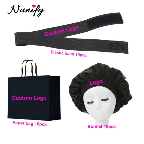 Zdjęcie 30Pcs/set Niestandardowe logo Peruka Papierowe opakowanie dla małych firm & Edge Melt Band & Satin Silk Hair Bonnet For Sleeping Bulk Wig Bag