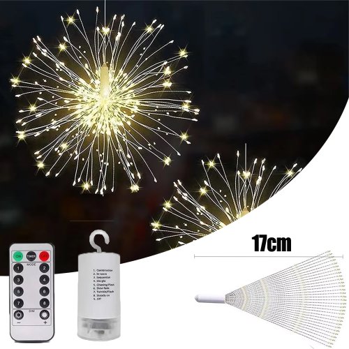 Imagen de Luces LED de Fuegos Artificiales en Cobre con Efecto Starburst, 8 Modos de Iluminación, Control Remoto, Ideal para Decoración Exterior de Hogar, Fiestas, Cafeterías y Bodas